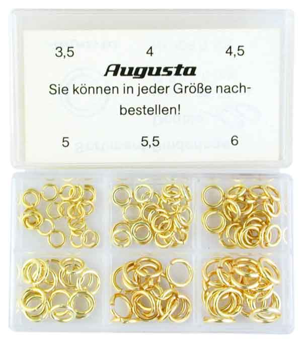 Assortimento di anellini tondi,  placcati gialli, 3,5 - 6 mm, 120  pz. Assortimento di anellini tondi,  placcati gialli, 3,5 - 6 mm, 120  pz.