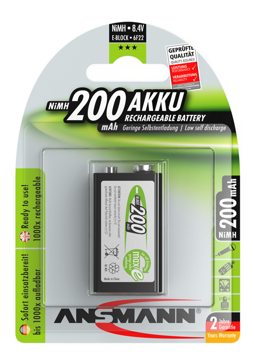 ANSMANN 9V E-blocco ricaricabile 6F22 200 mAh ANSMANN 9V E-blocco ricaricabile 6F22 200 mAh