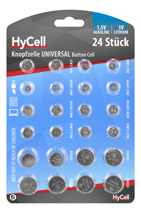Set di batterie a bottone e litio HyCell, blister da 24 pezzi  Set di batterie a bottone e litio HyCell, blister da 24 pezzi