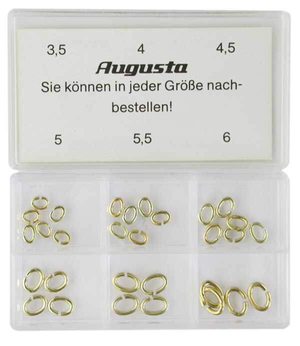 Assortimenti di anellini ovali, placcati gialli, 3,5 - 6 mm, 30 pz. Assortimenti di anellini ovali, placcati gialli, 3,5 - 6 mm, 30 pz.