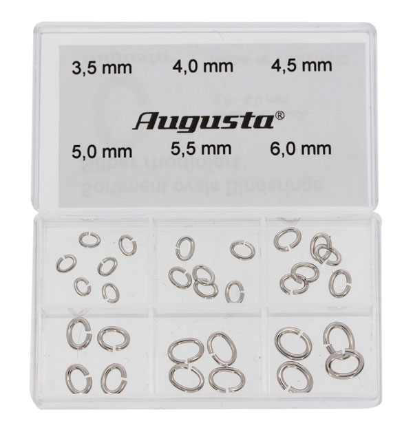 Assortimento anellini ovali, argento rodiato, 3,5 - 6 mm, 30 pz. Assortimento anellini ovali, argento rodiato, 3,5 - 6 mm, 30 pz.