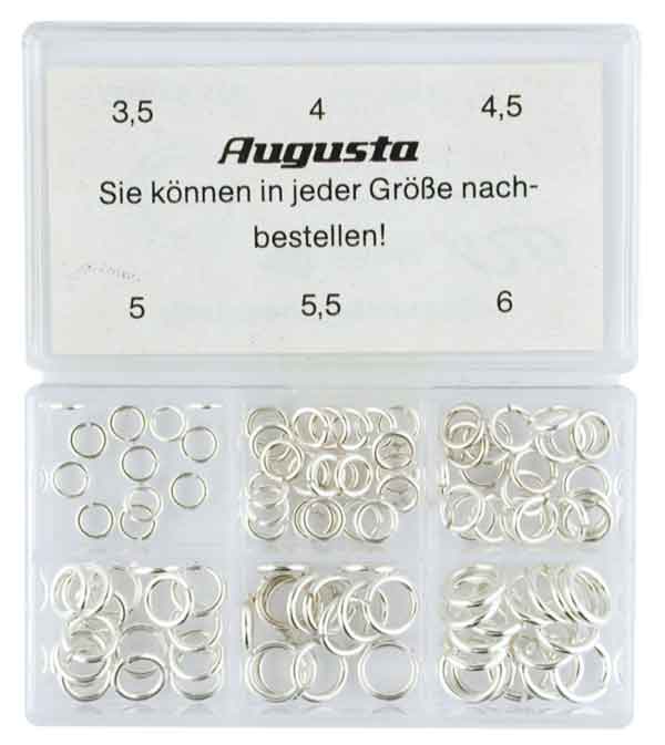 Assortimento di anellini tondi, argento, 2,5 - 6 mm, 120 pz. Assortimento di anellini tondi, argento, 2,5 - 6 mm, 120 pz.