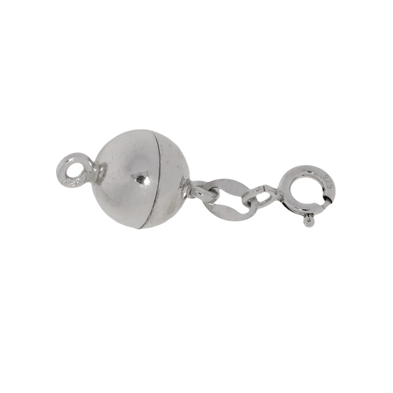 Magnetic clasp ball with spring ring, silver rhodium plated, polished 8 mm Magnetic clasp ball with spring ring, silver rhodium plated, polished 8 mm